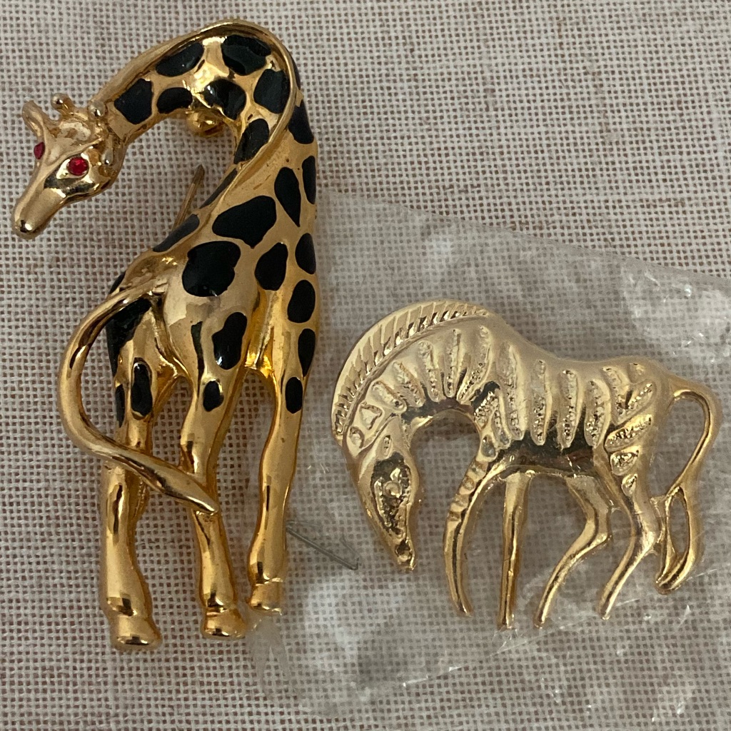 Vintage Giraffe Zebra Brooch Pin Lot Gold Tone Safari Animal Costume Jewelry